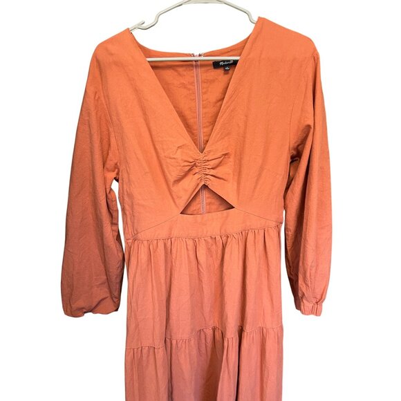 Womens Orange Tiered Midi Dress With Long Sleeves & Cutout Detail By Madewell - Picture 3 of 10